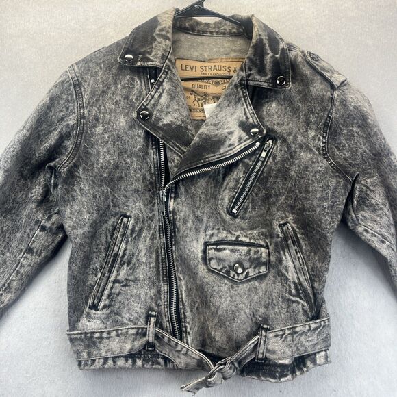 LEVIS 80s Motorcycle Denim Jean Jacket L Acid Wash Black Moto Zip Vintage USA - Picture 1 of 16